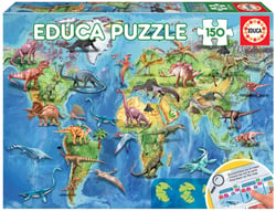 Puzzle 150 pcs – Mappemonde dinosaures - Educa Borras - Jaune
