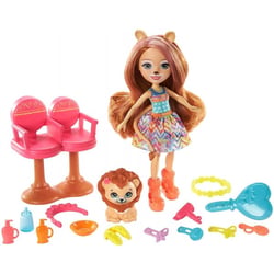 Enchantimals poupée lacey lion et manesy avec salon de coiffure - figurine 15 cm - animal de la jungle - mattel gtm29