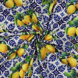 Tissu Coton Viscose Digital Chiara citrons sur carreaux bleu sur fond Blanc cassé