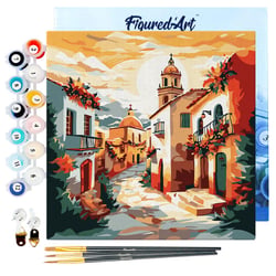 Mini Peinture par Numéros Figured'Art 20x20cm avec cadre Église de Village Ensoleillé - Petit Format