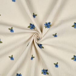 Tissu Double gaze de Coton brodé Myrtille sur fond Ecru