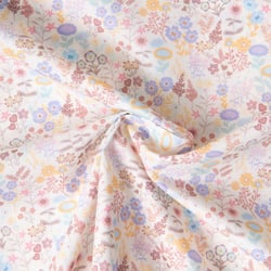 Tissu Popeline de Coton légère Petites fleurs et feuilles aquarelle pastel sur fond Blanc cassé