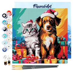 Mini Peinture par Numéros Figured'Art 20x20cm avec cadre Chat et Chien Festifs - Petit Format