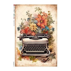 1 feuille de papier de riz 22.5 x 32 cm découpage collage Paper Designs RETRO MACHINE A ECRIRE FLEUR 0039