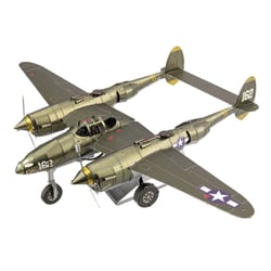 MetalEarth: ICONX - P-38 LIGHTNING 14.4x20.2x8cm, maquette 3D en métal avec 2 feuilles  multicolorées, en boîte 13,5x22x2cm, 14+