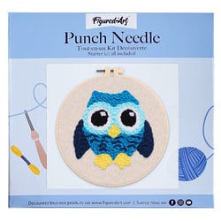 Figured'Art Punch Needle Kit Complet pour Adultes et Enfants - Chouette bleue - Parfait pour Débutant. Set prêt à broder taille 20x20cm avec cadre circulaire