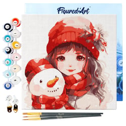 Mini Peinture par Numéros Figured'Art 20x20cm avec cadre Jolie Fille et Bonhomme de Neige - Petit Format