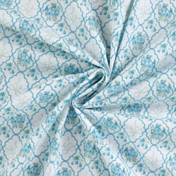 Tissu Coton imprimé Fleuris indien bleu sur fond Blanc