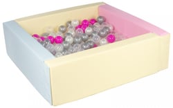 Piscine à balles carrée avec 300 balles – rose, bleu, jaune p/perle, transparent, rose, argent - Velinda