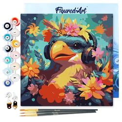 Mini Peinture par Numéros Figured'Art 20x20cm avec cadre Oiseau fantaisie et des fleurs - Petit Format