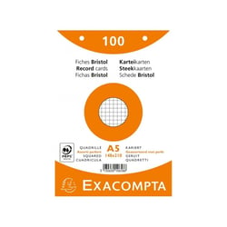 Fiches bristol - A5 - 14,8x21cm - Petits carreaux - Perforées - 4 Couleurs - Lot de 100 - Papier épais - Exacompta