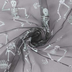 Tissu Tulle souple  Morgana squelettes paillettes argentés et irisés sur fond Noir - Au mètre