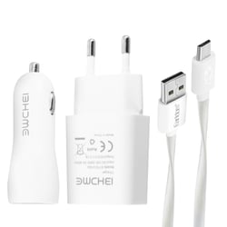 Avizar Pack 3 en 1 Chargeur Secteur 2.1A Chargeur Voiture 2.1A et Câble Micro-USB Blanc