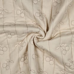 Tissu Double gaze de Coton Matelassé Cerises brodées sur fond Ecru