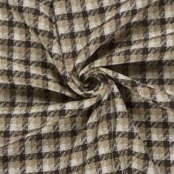 Tissu Jacquard toucher laine damier Beige et Ecru sur fond Marron foncé