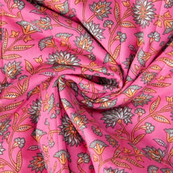 Tissu Coton Matelassé réversible Santal fleuris sur fond Rose fuchsia