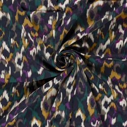 Tissu Viscose Satiné Léopard abstrait Pourpre et Jaune moutarde sur fond Bleu nuit