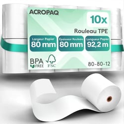 10 Rouleaux de Caisse 80x80x12mm- Thermique 92,2 m-Terminaux de paiement- 10 Bobines TPE- Sans BPA- Dimension Universelle- ACROPAQ