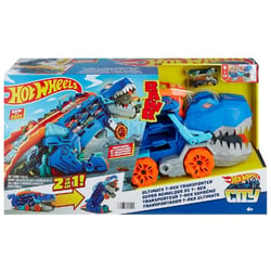 Mega transporteur t-rex ultime 2 en 1 hot wheels city - camion et dino - mattel - hng50
