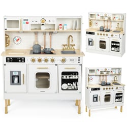Cuisine Enfant Bois, Éclairage LED, Interactive, Micro-Ondes, Lave-Vaisselle, Machine à Café, Four