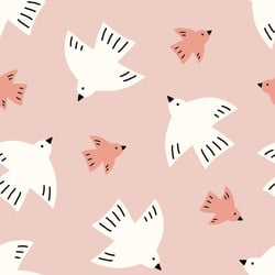 Tissu Popeline de Coton Colombe oiseaux enfantin sur fond Rose poudré