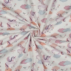 Tissu Popeline de Coton Zelhia licornes magiques sur fond Blanc cassé