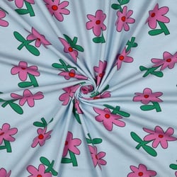 Tissu Jersey Coton Bio Jennifer Bouron fleurs Rose sur fond Bleu ciel