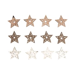 Miniat.bois Etoiles av.paillettes,3,5cm, Colore, avec point adhésif, 12 pces