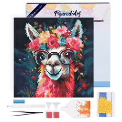 Mini Diamond Painting Broderie Diamant Figured’Art 25x25cm toile tendue sur châssis en bois - diamants ronds - Lama Fantaisie et Fleurs