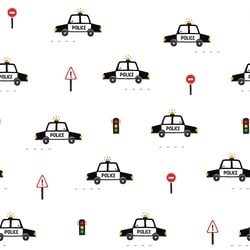 Tissu Popeline de Coton Voiture de police sur fond Blanc