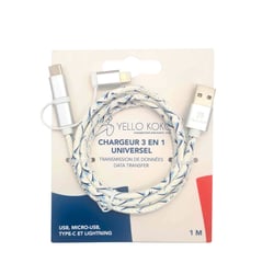 YELLO KOKO Câble FastCharge Kami plat 3A USB vers microUSB / USB-C / Lightning 1m Blanc