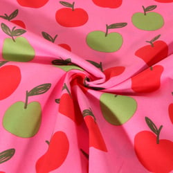 Tissu Popeline de Coton Poppy Pommes rouges et vertes sur fond Rose