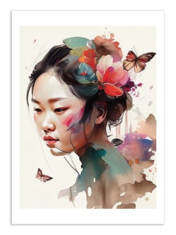 Affiche 30 x 40 cm - Watercolor floral asian woman - Chromatic fusion studio