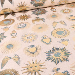 Tissu Toile de Coton Astres métallisés Bleu sur fond Naturel