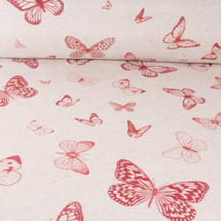 Tissu Toile de Coton Lin Papillon rouge sur fond Naturel