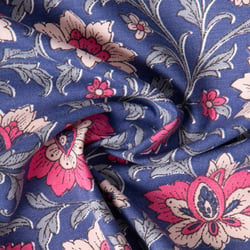 Tissu Toile de Coton Demi Natté Fleuris Shiri sur fond Bleu