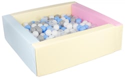 Piscine à balles carrée avec 300 balles – rose, bleu, jaune p/blanc, transparent, bleu clair, gris - Velinda