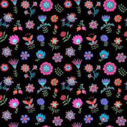 Tissu Coton imprimé Loulou fleuris sur fond Noir