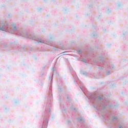 Tissu Popeline de Coton légère Fleurs roses pastel et bleues ciel pastel sur fond Blanc cassé