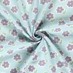 Tissu Double gaze de Coton Fleuris lilas sur fond Bleu ciel