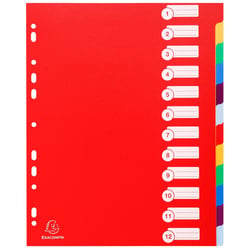 Intercalaires polypropylène opaque semi rigide 12 positions - A4 maxi - Couleurs assorties - x 15 - Exacompta