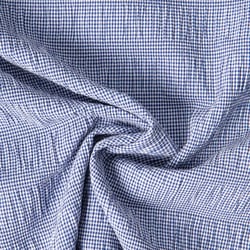 Tissu Polyviscose Seersucker aspect Lin lavé Suzy carreaux Blanc sur fond Bleu