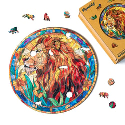 Puzzle en Bois Adulte et Enfant Figured'Art 200 pièces Animaux - Lion Vitrail - Design Original 28,5x28,5 cm Forme Unique avec Coffret en bois Premium, Parfait pour Offrir en Cadeau
