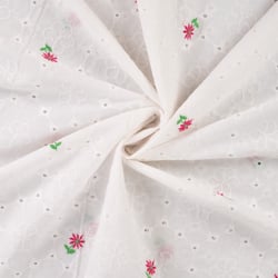 Tissu Voile de Coton brodé ajouré Fleurs roses et vertes sur fond Blanc