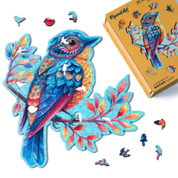 Puzzle en Bois Adulte et Enfant Figured'Art 200 pièces Animaux - Oiseau bleu sur la Branche - Design Original 31,2x32 cm Forme Unique avec Coffret en bois Premium, Parfait pour Offrir en Cadeau