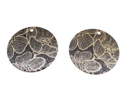 2 Breloques rondes pailletées 20mm imprimé fleur de lotus noir et doré