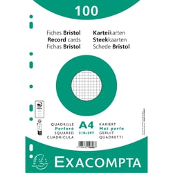 Paquet 100 fiches sous film - bristol quadrillé 5x5 perforé- 210x297mm - Blanc - x 10 - Exacompta
