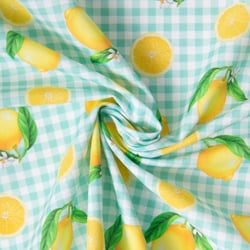 Tissu Coton imprimé Carreaux et citrons jaunes sur fond Blanc