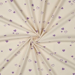 Tissu Jersey Coton imprimé Bio Petits Coeurs Violets sur fond Ecru