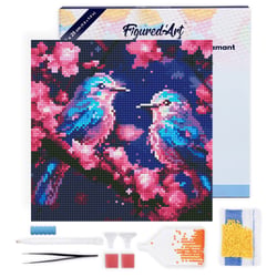 Mini Diamond Painting Broderie Diamant Figured’Art 25x25cm toile tendue sur châssis en bois - diamants ronds - Mésanges Bleues scintillantes